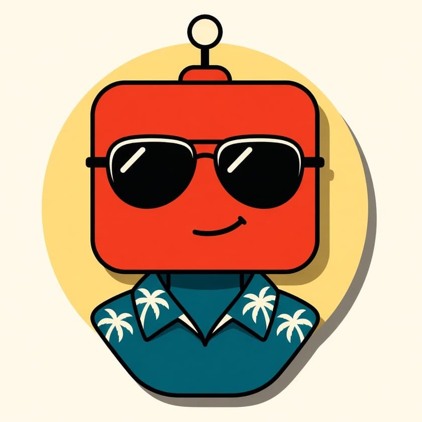 The Dad: a red robot in aviator shades and a palm-print shirt